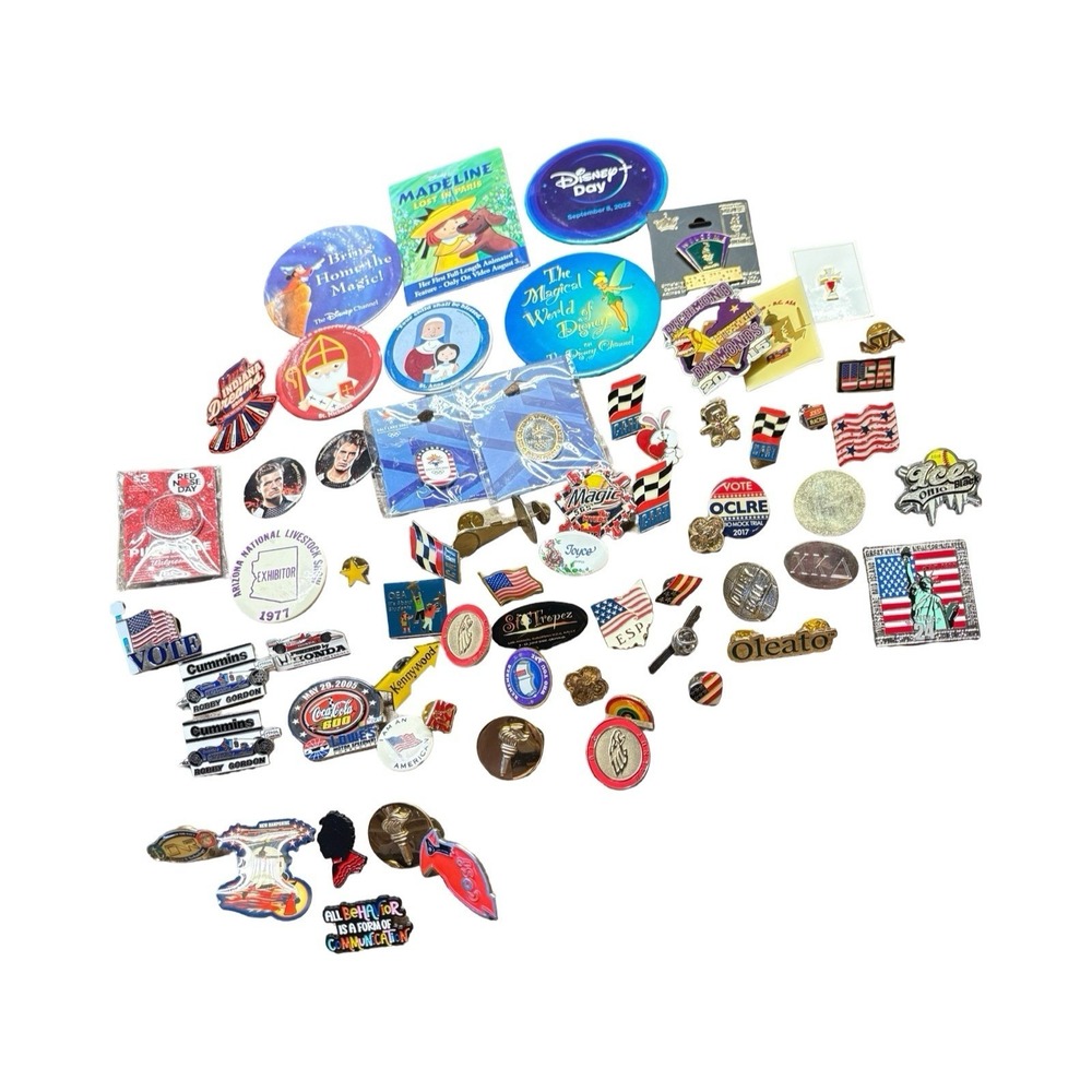 Large Lot of Assorted Pins & Buttons - Racing Olympics Disney & More
